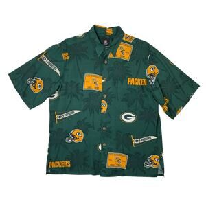 Green Bay Packers Shirt Mens L Large Green Hawaiian Style NFL Team Apparel Camp